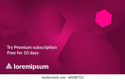 Abstract geometric background with pink gradient vanishing hexagons. Modern template for social media banner. Contemporary material design with realistic shadow over flat gradient background.