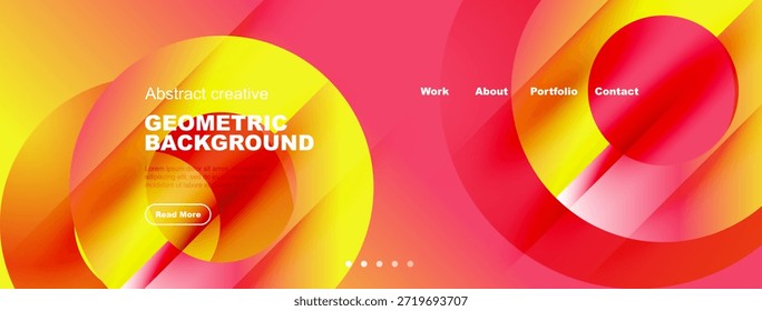 Abstract geometric background. Pink, yellow, red gradients create dynamic visual effect. Website header with navigation options visible.