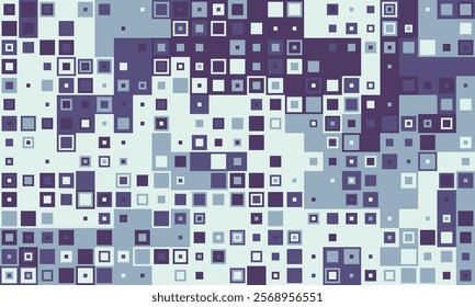 Abstract geometric background with a playful arrangement of squares in varying shades of blue and purple.