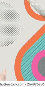 Abstract geometric background with playful shapes and patterns. Features curves, dots, stripes, and a vibrant color palette for a modern, retro feel.
