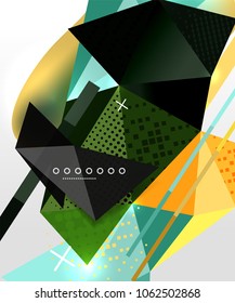 Abstract geometric background, polygonal triangle elements, lines and material textures, holographic elements. Vector modern abstract template