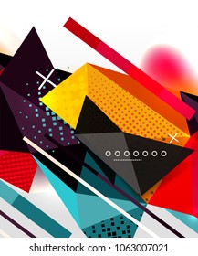 Abstract geometric background, polygonal triangle elements, lines and material textures, holographic elements. Vector modern abstract template