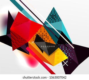 Abstract geometric background, polygonal triangle elements, lines and material textures, holographic elements. Vector modern abstract template