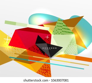 Abstract geometric background, polygonal triangle elements, lines and material textures, holographic elements. Vector modern abstract template