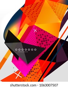 Resumen de fondo geométrico, elementos triangulares poligonales, líneas y texturas materiales, elementos holográficos. Plantilla abstracta moderna de vectores