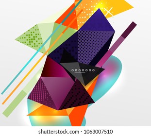 Abstract geometric background, polygonal triangle elements, lines and material textures, holographic elements. Vector modern abstract template