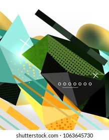 Abstract geometric background, polygonal triangle elements, lines and material textures, holographic elements. Vector modern abstract template