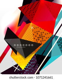 Abstrakter geometrischer Hintergrund, polygonale Dreieckselemente, Linien und Materialtexturen, holografische Elemente. Moderne abstrakte Vektorvorlage