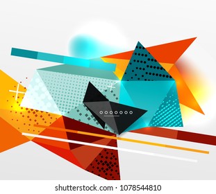 Abstract geometric background, polygonal triangle elements, lines and material textures, holographic elements. Vector modern abstract template
