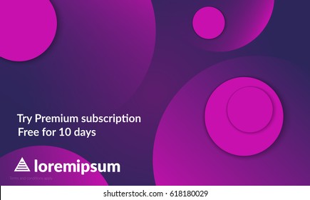 Abstract geometric background with purple gradient vanishing circles. Modern template for social media banner. Contemporary material design with realistic shadow over flat gradient background.