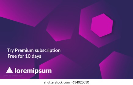 Abstract geometric background with purple gradient vanishing hexagons. Modern template for social media banner. Contemporary material design with realistic shadow over flat gradient background.
