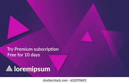 Abstract geometric background with purple gradient vanishing triangles. Modern template for social media banner. Contemporary material design with realistic shadow over flat gradient background.