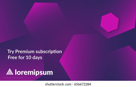 Abstract geometric background with purple gradient vanishing hexagons. Modern template for social media banner. Contemporary material design with realistic shadow over flat gradient background.