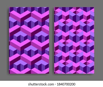 abstract geometric background, with purple isometric cubes. wallpaper tamplate. a set of pattern.