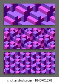 abstract geometric background, with purple isometric cubes. wallpaper tamplate. a set of pattern.