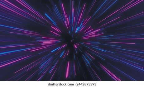 Abstract geometric background of radial lines. Aerial flight inside festive fireworks. Movement effect. Speed, fireworks, bright neon glow. 3D vector.