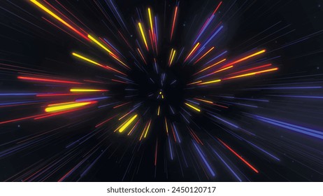 Abstrakter geometrischer Hintergrund von Radiallinien. Luftaufnahmen-Flug in einem festlichen Feuerwerk. Bewegungseffekt. Geschwindigkeit, Feuerwerk, helles Neonleuchten. 3D-Vektorgrafik.