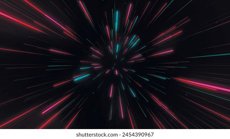 Abstract geometric background of radial lines. Aerial flight inside festive fireworks. Movement effect. Speed, fireworks, bright neon glow. 3D vector.