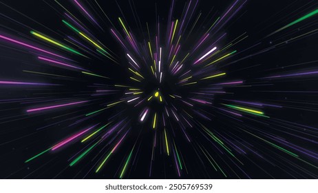 Abstract geometric background of radial lines. Bright fireworks. Data flow tunnel. Explosive star. Motion effect. Vector illustration.