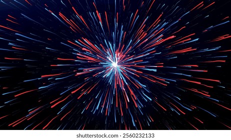 Abstract geometric background of radial lines. Exploding star. Motion effect. Bright fireworks background animation, salute. Vector illustration.