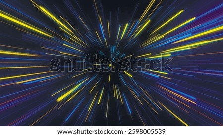 Abstract geometric background of radial lines. Aerial flight inside festive fireworks. Movement effect. Speed, fireworks, bright neon glow. 3D Vector illustration