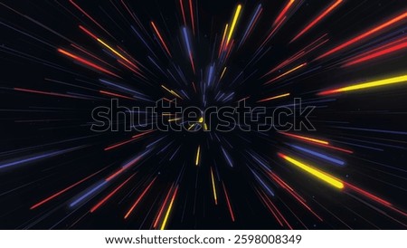 Abstract geometric background of radial lines. Aerial flight inside festive fireworks. Movement effect. Speed, fireworks, bright neon glow. 3D Vector illustration