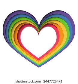 Abstract geometric background with rainbow hearts dedicated to LGBTQ pride month. Vector paper cut effect design with copy space for text on transparent background. For poster, banner, social media.