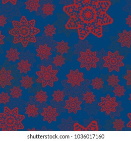 Abstract geometric background with randomly spreaded mandalas. Flower-like shapes wallpaper. Vector abstract tribal style seamless pattern on blue background.