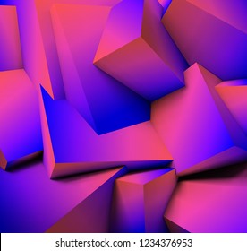 Abstract geometric background with realistic overlapping vibrant purple and blue cubes