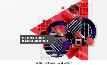 Abstract geometric background. Red, black, white shapes overlap creating dynamic composition. Modern design elements present.
