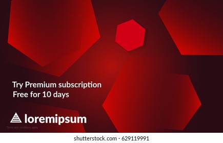 Abstract geometric background with red gradient vanishing hexagons. Modern template for social media banner. Contemporary material design with realistic shadow over flat gradient background.