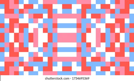 Reseña geométrica abstracta con polígonos rojos, rosados, azules y blancos.