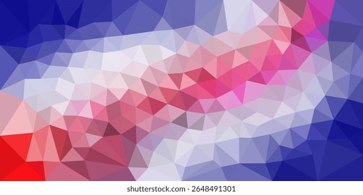 Fondo geométrico Abstractas con patrones triangulares rojos, rosados, blancos y azules que se mezclan suavemente en un estilo de bajo poli.

