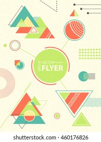 Abstract geometric background. Retro flyer with chaotic geometric shapes. Colorful  hipster pattern with triangles. Illustration for placards, posters, wallpaper, flyers, banner designs and covers