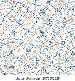 Abstract geometric background. Seamless design with hand drawn dashed lines forming circles. Dotted hypnotic pattern. Antique folk ornament. Oriental motif.