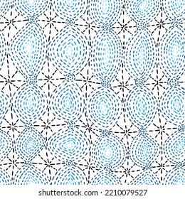 Abstract geometric background. Seamless design with hand drawn dashed lines forming circles. Dotted hypnotic pattern. Antique folk ornament. Oriental motif.