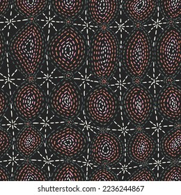 Abstract geometric background. Seamless design with hand drawn dashed lines forming circles. Dotted hypnotic pattern. Antique folk ornament. Oriental motif.