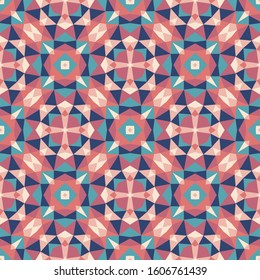 Abstract geometric background. Seamless pattern design. Blue and pink colors. Mosaic decorative structure. Vector illustration. 