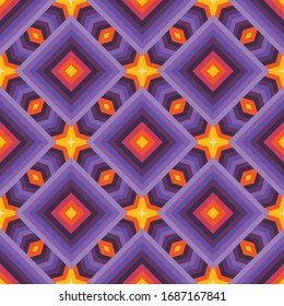 Abstract geometric background. Seamless pattern design. Violet, lilac,blue, orange colors. Mosaic decorative flowers structure. Vector illustration. 