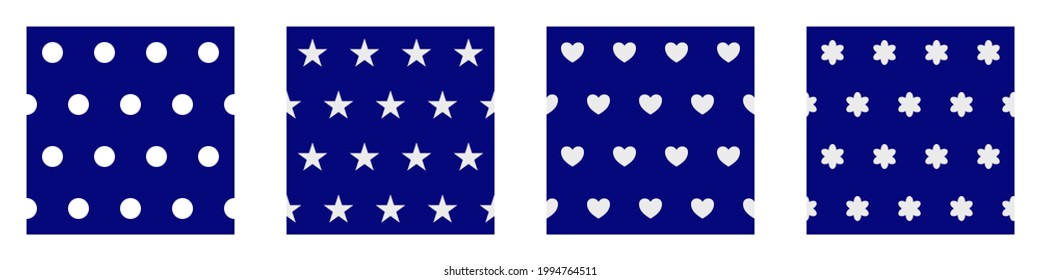 Abstract geometric background seamless pattern tile vector set. White circles, stars, hearts on deep blue background ornament. Repeating texture.Wallpaper.Gift wrapping paper.Fabric print. Backdrop.