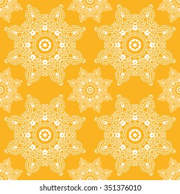 Abstract geometric background seamless pattern with mandala round circular ornament, repeating fabric texture, line art. Arabic, indian ornament, vector illustration.