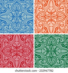Abstract geometric background, seamless patterns set, tribal ethnic ornament, detailed lace pattern, vector illustration