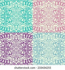 Abstract geometric background, seamless patterns set, tribal ethnic ornament, detailed lace pattern, vector illustration