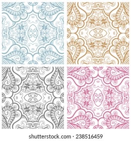 Abstract geometric background, seamless patterns set, tribal ethnic ornament, detailed lace pattern, design elements collection, vector illustration