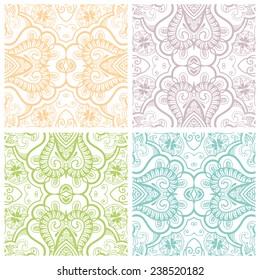 Abstract geometric background, seamless patterns set, tribal ethnic ornament, detailed lace pattern, design elements collection, vector illustration