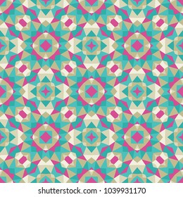 Abstract geometric background - seamless vector pattern illustration in green and crimson colors. Ethnic boho style. Mosaic ornament structure.