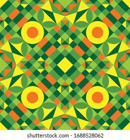 Abstract geometric background - seamless vector pattern illustration in orange, green and yellow colors. Ethnic boho style. Mosaic ornament structure.