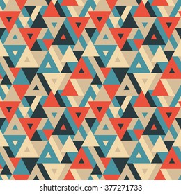 Abstract geometric background - seamless vector pattern for presentation, booklet, website and other design project. Triangles shapes backdrop. Red, blue, light brown and black colors. 