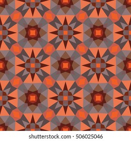 Abstract geometric background - seamless vector pattern in orange and brown colors. Ethnic boho style. Mosaic ornament structure. Carpet fragment. 