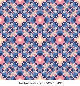 Abstract geometric background - seamless vector pattern in violet, pink, lilac and blue colors. Ethnic boho style. Mosaic ornament structure. Carpet fragment.